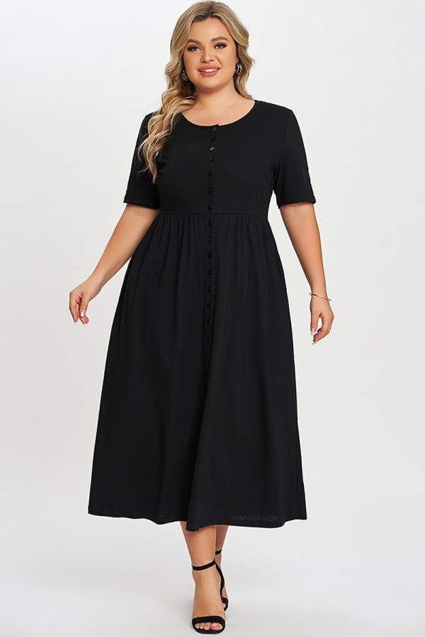 Schwarzes Kleid mit Knopfleiste und Seitennahttaschen