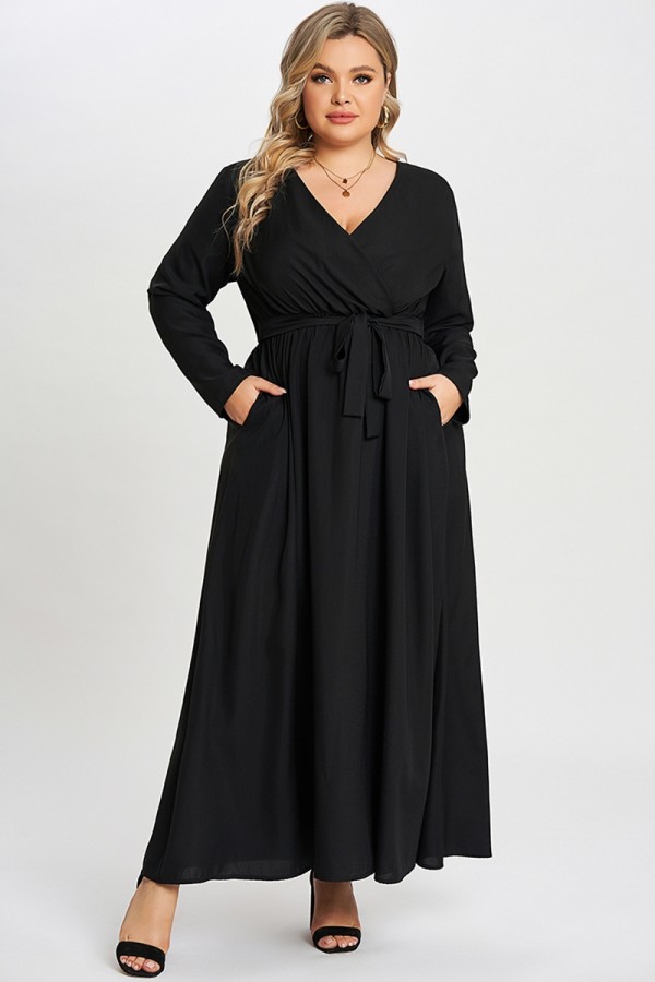 Einfarbiges, schwarzes, geknotetes Wickelkleid für Frauen