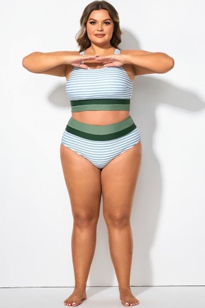 Grün gestreiftes Patchwork-Bikiniunterteil in Übergröße