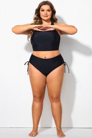 Schwarze Bikinihose mit seitlichem Kordelzug und hoher Taille