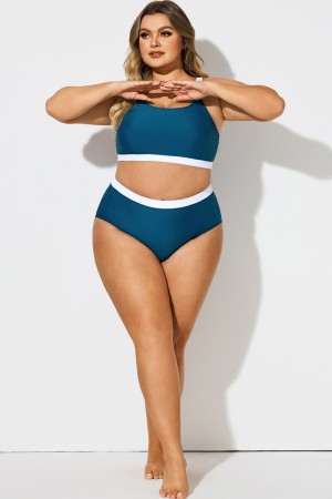 Blau-weißes Colorblock-Bikiniunterteil mit hoher Taille