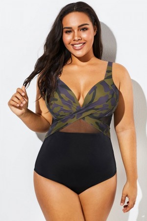 Einteiliger Badeanzug aus Mesh mit V-Ausschnitt und Camouflage-Print