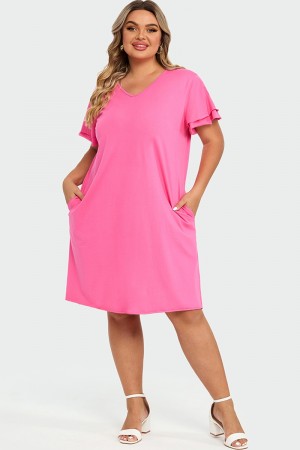 Plus Size Midi-Kleid mit V-Ausschnitt, rosa Rüschenärmeln
