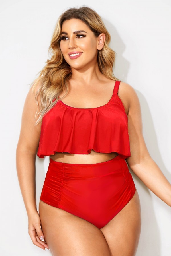 Rotes, verstellbares Bikinioberteil mit Rundhalsausschnitt