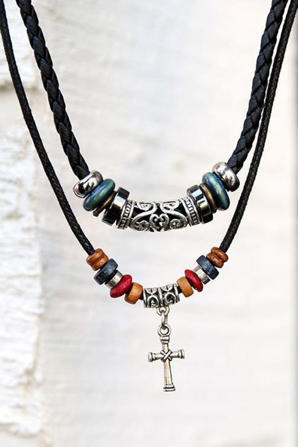 Layered-Halskette mit Kreuzanhänger und Perlenlegierungsdekor