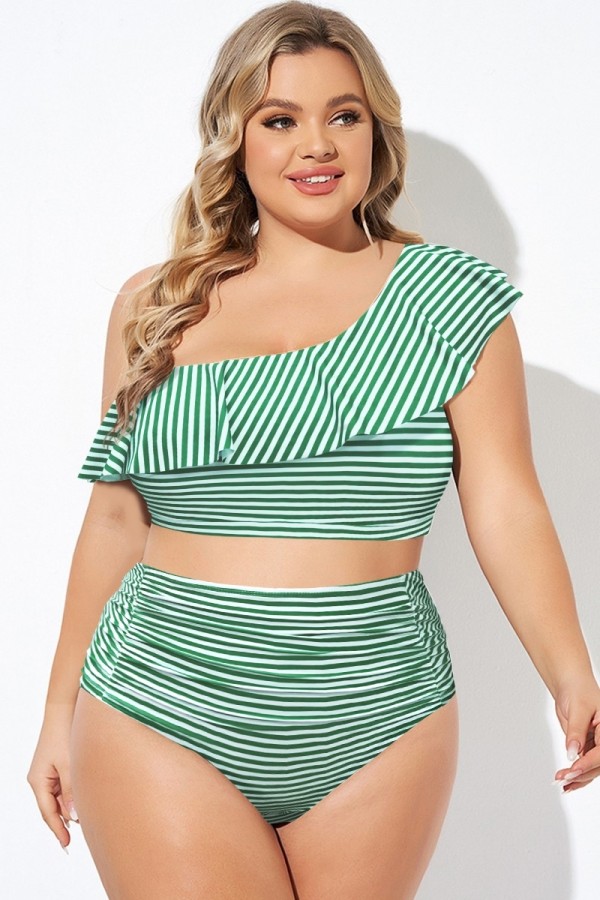 Grünes One-Shoulder-Bikinioberteil mit Rüschen und Streifen in Übergröße
