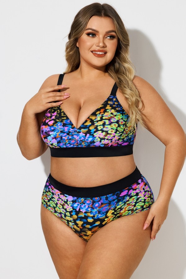 Plus-Size-Bikinioberteil mit V-Ausschnitt und Neon-Leopardenmuster