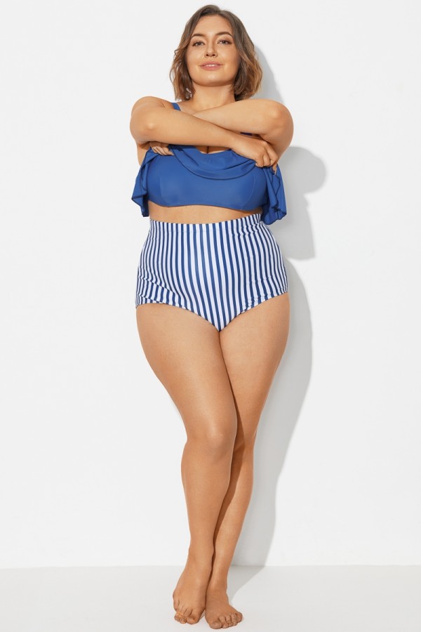 Hoch taillierte Bikinihose mit vertikalen Streifen in Marineblau und Weiß