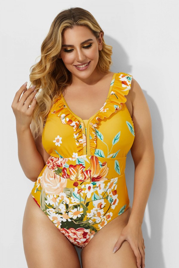 Gelber Badeanzug mit V-Ausschnitt und Blumenmuster