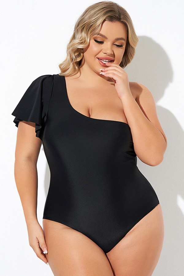 Schwarzer One-Shoulder-Badeanzug mit Flatterärmeln