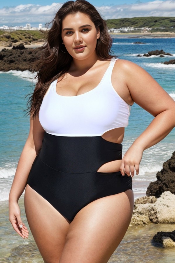 Einteiliger Badeanzug mit Colorblock-Ausschnitt in Übergröße in Schwarz und Weiß
