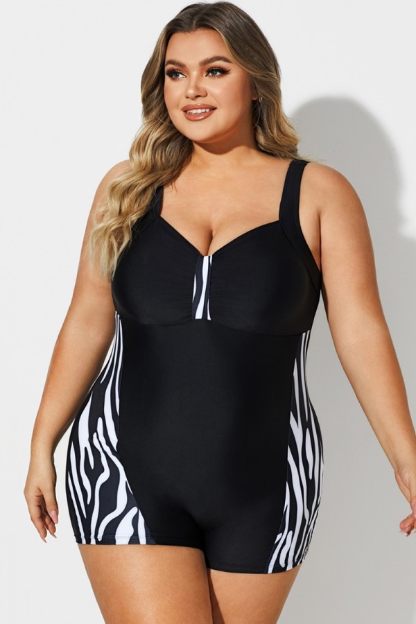 Schwarz-weißer Shorty-Sport-Badeanzug mit V-Ausschnitt