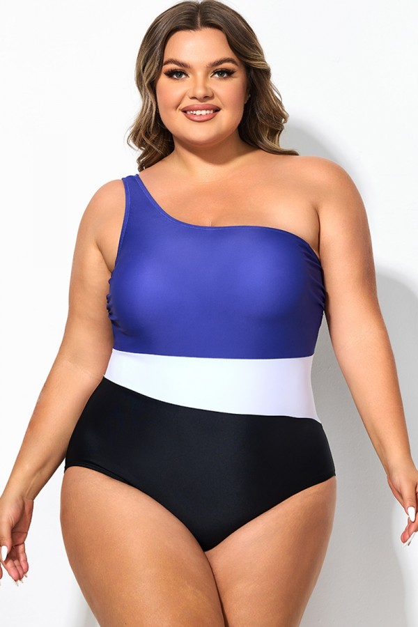 One-Shoulder Einteiliger dreifarbiger Colorblock-Badeanzug in Übergröße
