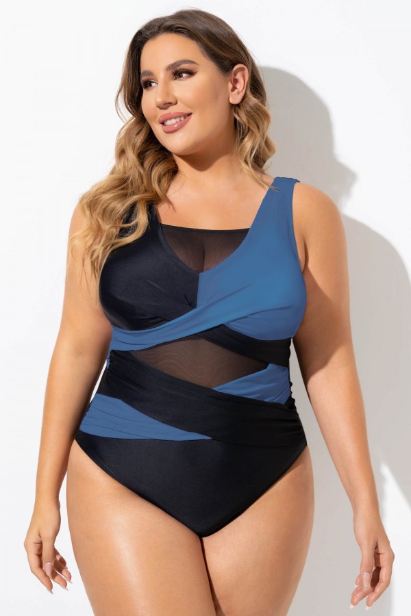 Schwarz-blauer, sexy, ausgeschnittener, einteiliger Badeanzug aus Netzstoff
