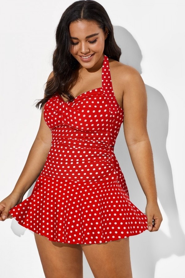 Rotes Neckholder-Badekleid mit Polka Dots und Twist-Front