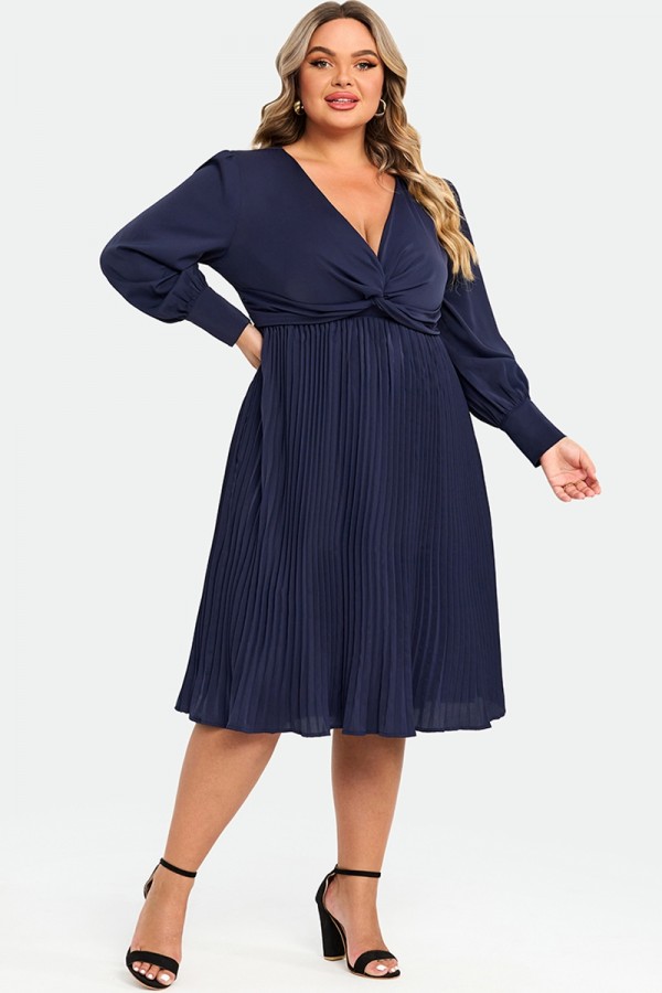 Marineblaues Kleid im Pullover-Stil mit V-Ausschnitt, Knoten vorne und langen Ärmeln