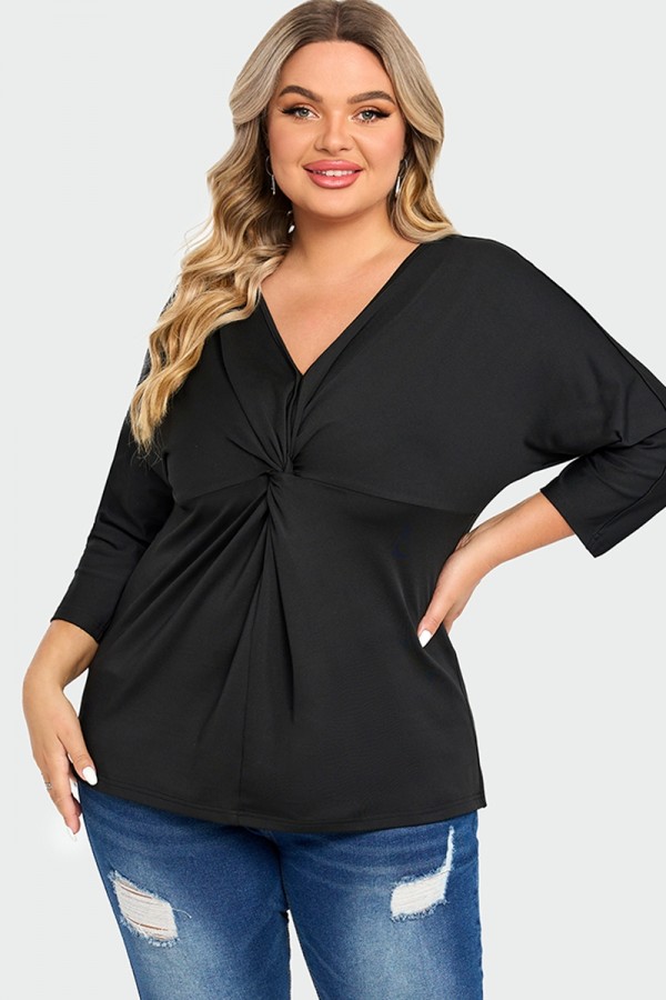 Schwarzes Damen-T-Shirt mit V-Ausschnitt, Modal, Twist-Front