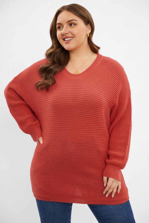 Plus-Size-Pullover in gebranntem Orange mit Knöpfen auf der Rückseite