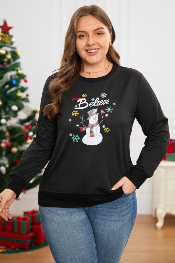 Lockeres Weihnachts-Sweatshirt aus schwarzem Fleece mit geripptem Saum