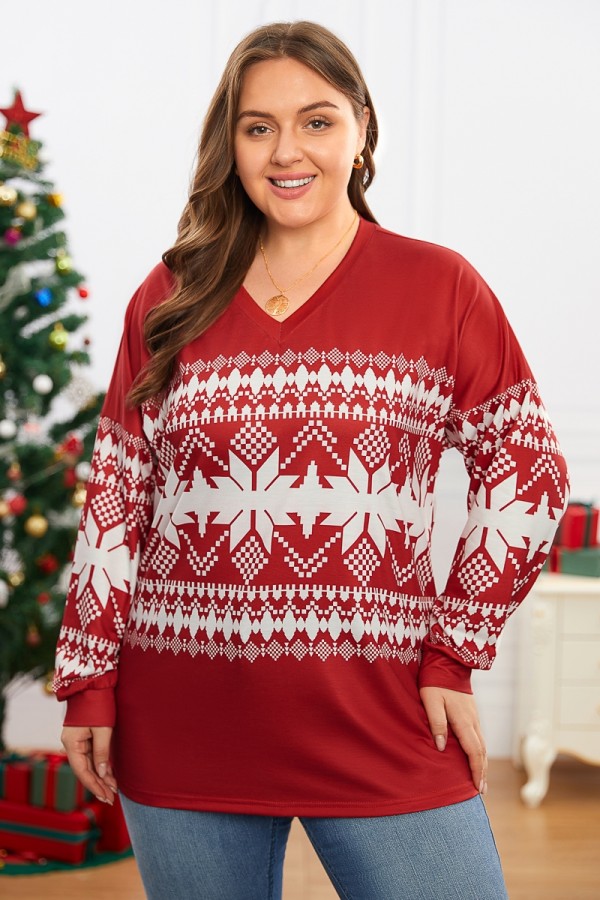 Langarm-Sweatshirt mit Schneeflocken-Print, V-Ausschnitt und verdrehter Vorderseite