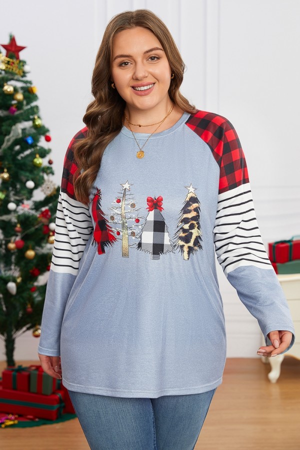 Langärmliges Raglan-Sweatshirt mit kariertem Streifen und Weihnachtsdruck