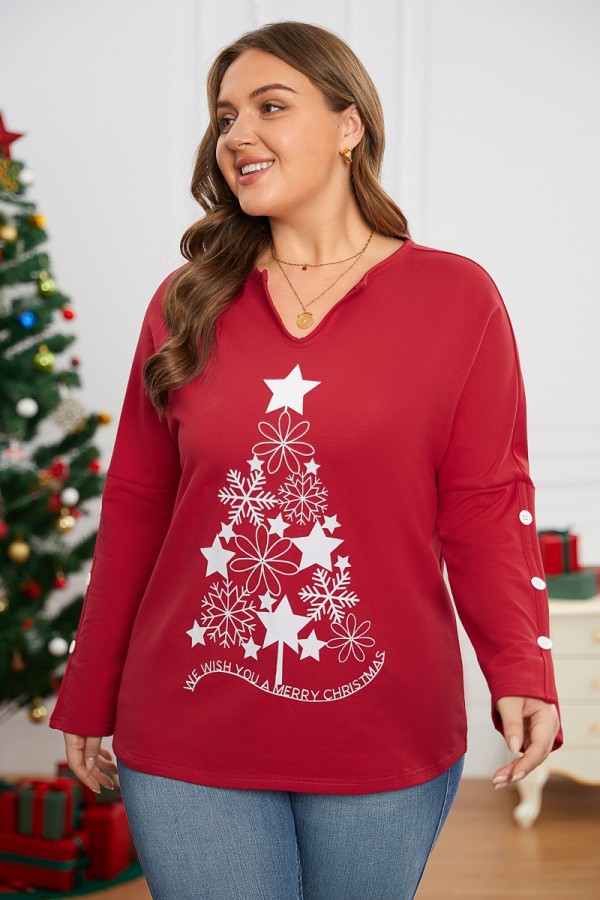 Rotes Sweatshirt mit weihnachtlichem Pfotenbaum-Print und V-Ausschnitt