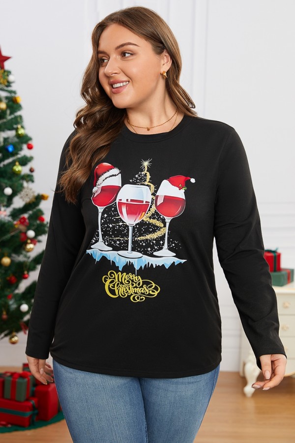 Schwarzes, schlichtes Langarm-Sweatshirt mit V-Ausschnitt und Weihnachtsdruck