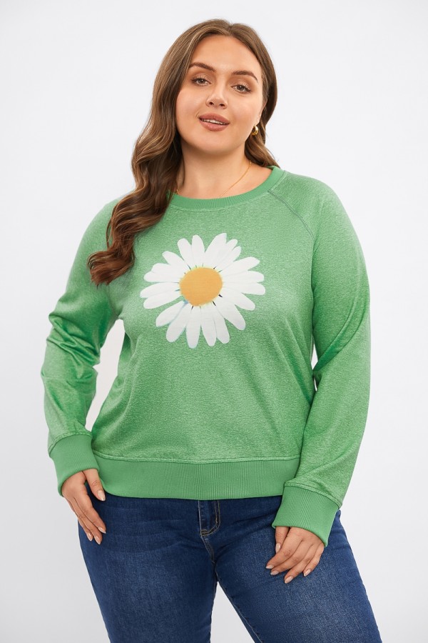Grünes Langarm-Sweatshirt mit Rundhalsausschnitt und Sonnenblumen-Print