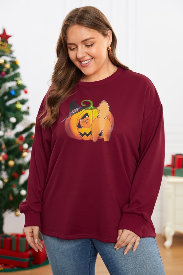 Langärmliges, lockeres Sweatshirt mit Halloween-Kürbis-Katzen-Print