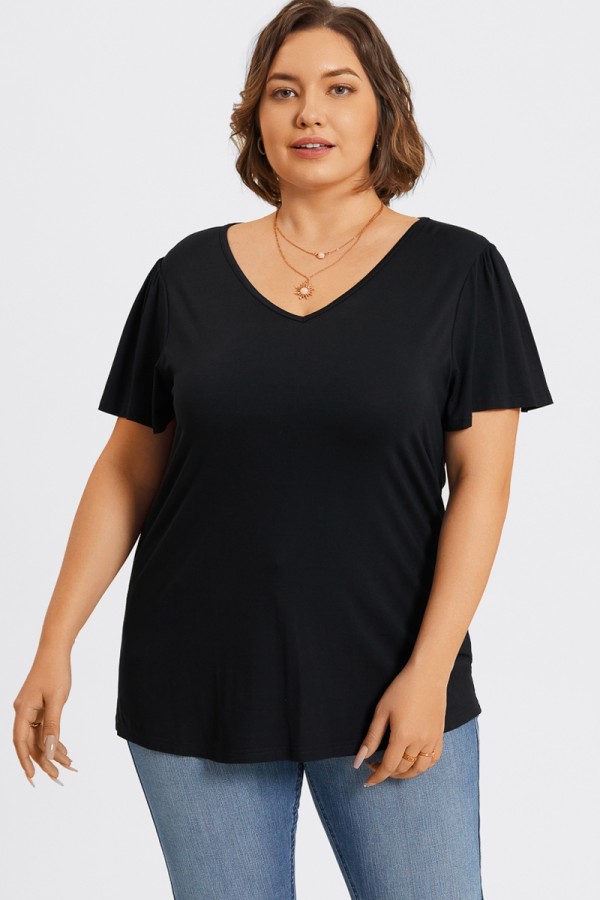 Schwarzes T-Shirt mit Flatterärmeln und V-Ausschnitt in Übergröße