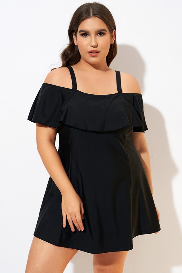 Einfarbiges schwarzes Damen-Badekleid mit verstellbaren Trägern