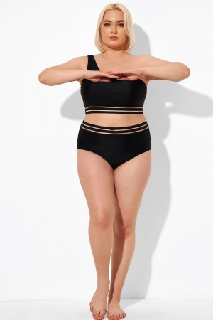 Schwarzes Mesh-Bikiniunterteil mit hoher Taille