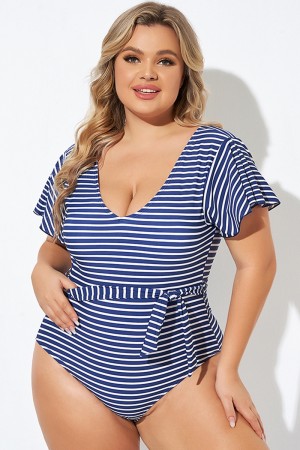 Einteiliger Badeanzug mit blauen und weißen Streifen für Damen