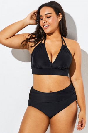 Modisches schwarzes Neckholder-Bikini-Set mit V-Ausschnitt