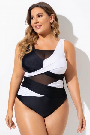 Schwarz-weißer, sexy ausgeschnittener Netz-Badeanzug